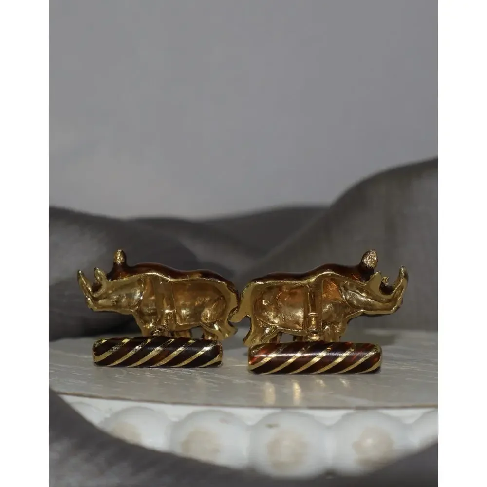 David Webb 18k Yellow Gold Enamel Rhino Cufflinks 20G